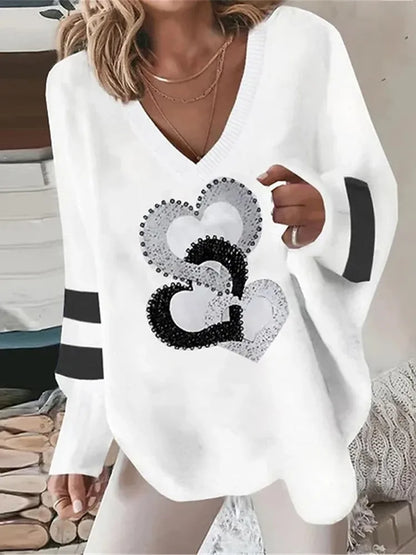 Love Print Long Sleeve Loose V Neck Pullover Irregular Hem Lady T Shirt Blouse