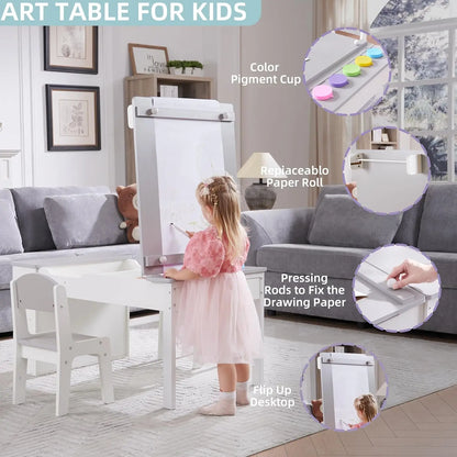 3 In 1 Kids Art Table & Easel Set With 2 Chairs, Wooden Children Activity Table And Chair Set With 6 Storage Bins, Paper