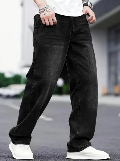Men's Classic Cotton Blend Jeans - Relaxed Fit, Straight Leg, Solid Color Denim, Comfortable Street Style Pants for All Seasons,