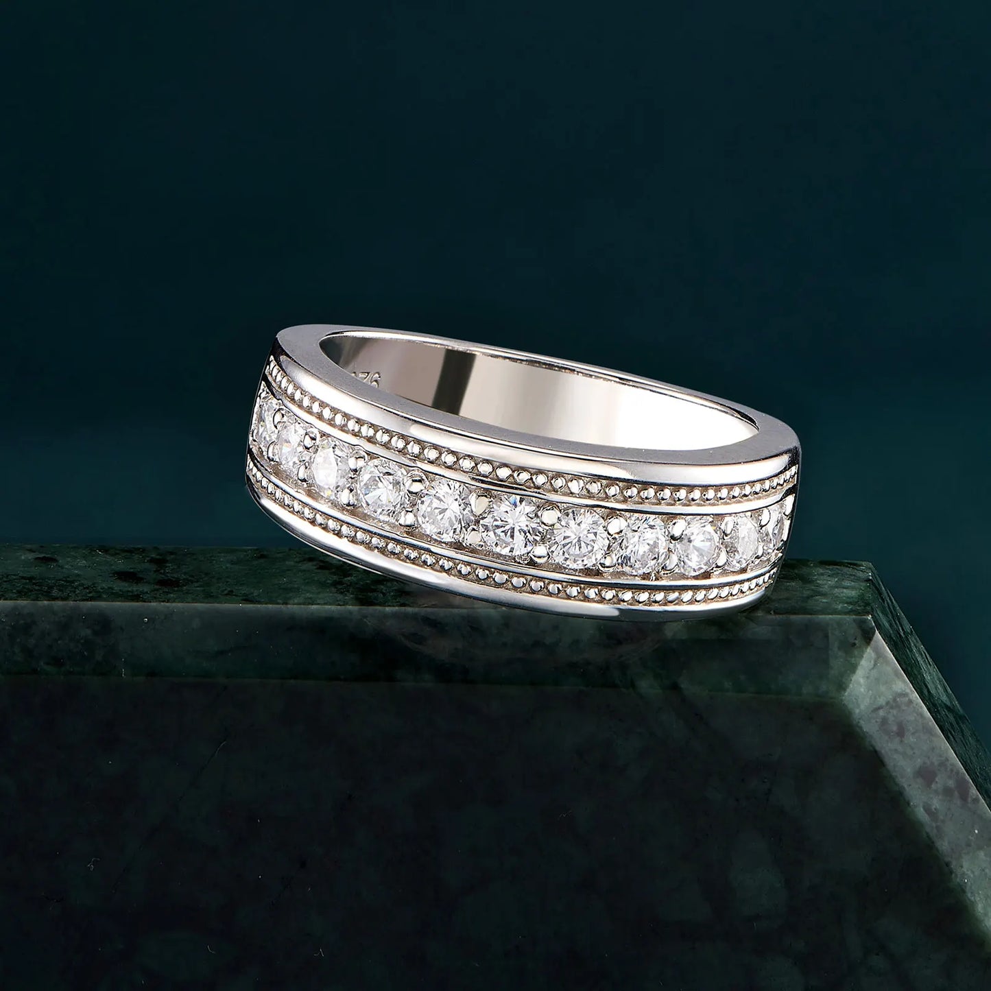 Newshe Genuine 925 Sterling Silver Wedding Rings for Men Half Eternity Brilliant Round Cut Cubic Zircon White Gold Jewelry