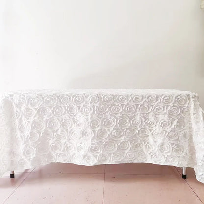 120x180CM White Seamless Grandiose 3D Rosette Satin Rectangle Tablecloth