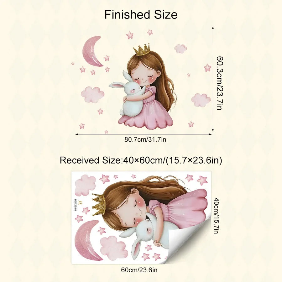 Cute Cartoon Girl Hugging Rabbit Wall Sticker Nursery Kids Room Decor Removable Self-Adhesive Home Art Decal