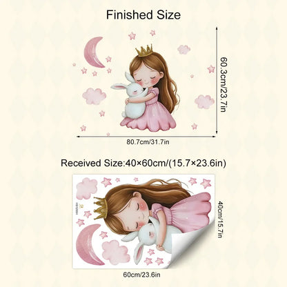Cute Cartoon Girl Hugging Rabbit Wall Sticker Nursery Kids Room Decor Removable Self-Adhesive Home Art Decal