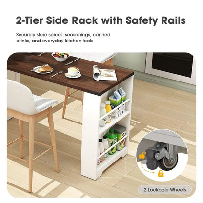 Extendable 76” Kitchen Island Cart — Power Outlet, Spice Rack, 2 Stoppers