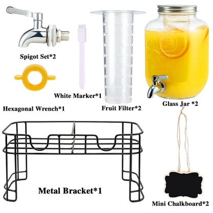 Drink Dispenser 2 Packs 1 Gallon Glass with Stand and 304 Stainless Steel Faucet Party Iced Tea Lemonade Juice Water Dispenser
