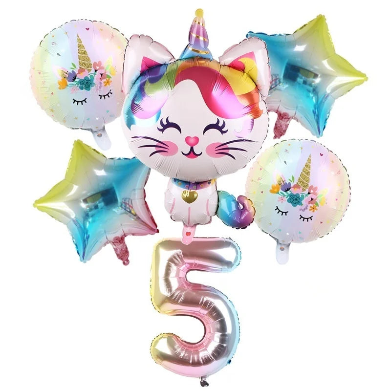 Rainbow Unicorn Cat Gradient Balloon Set (6pcs) – Birthday Party Decorations