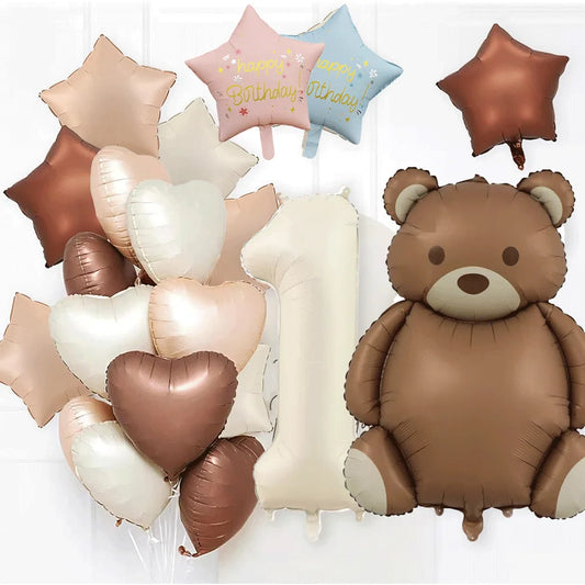 Cute Teddy Bear Party Birthday Number Balloons Large Retro Brown Bear Foil Balloon Set 8 pcs Baby Shower Birthday Party Decor