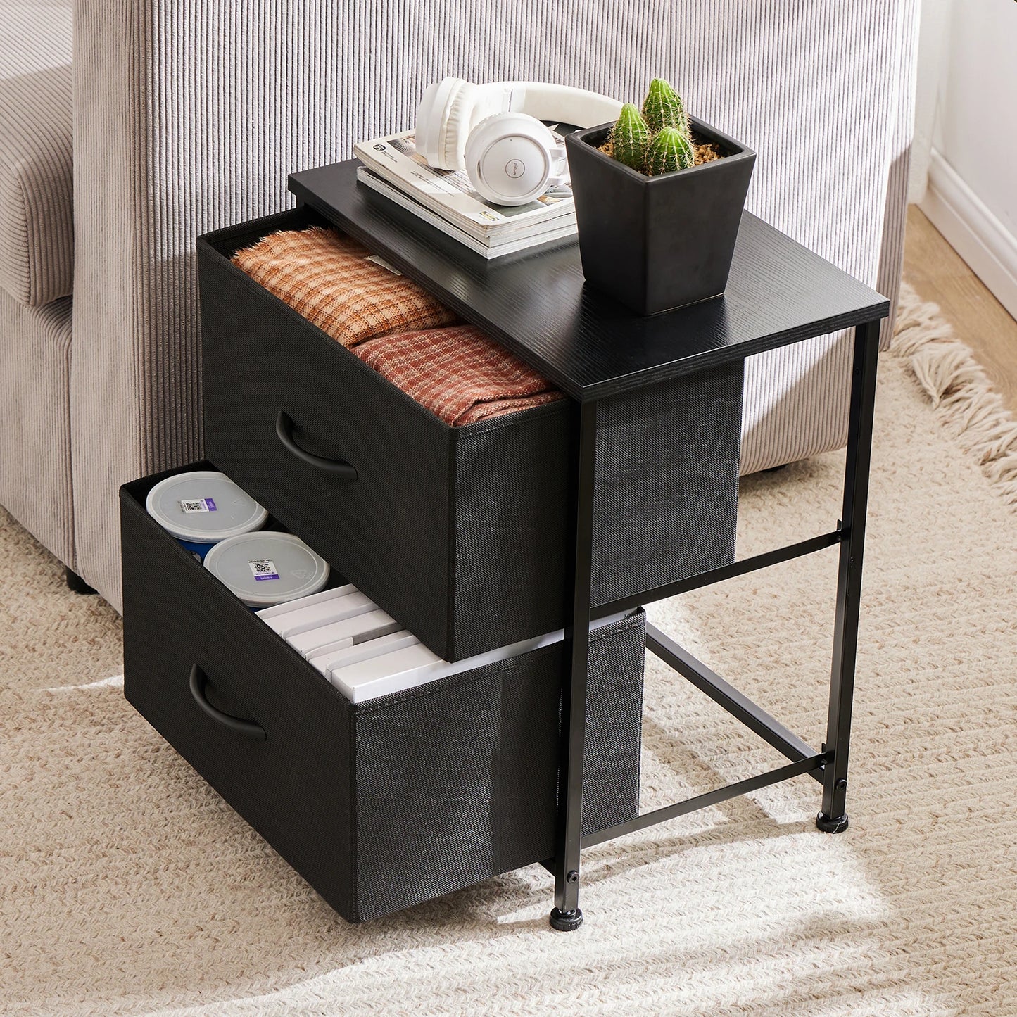 Nightstand  Storage  For Bedroom with 2 Fabric Drawers JHK