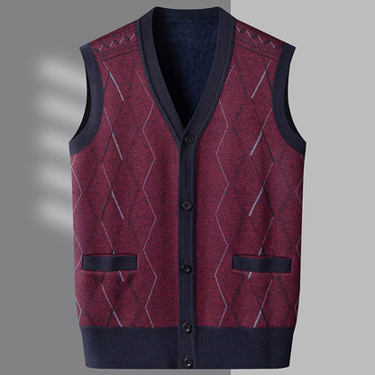 Men'S Autumn And Winter Middle Thickened Knit Vest Plus Fleece Fashion Printed Loose V Neck Cardigan Sweatercoat For Men Trendy