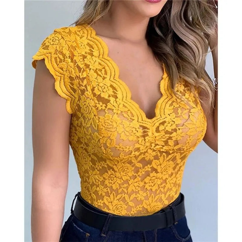 Sexy Lace Deep V Neck Sleeveless Blouse