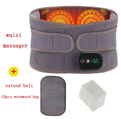 Gray waist massager with digital display, extend belt, and wormwood bags on a white background