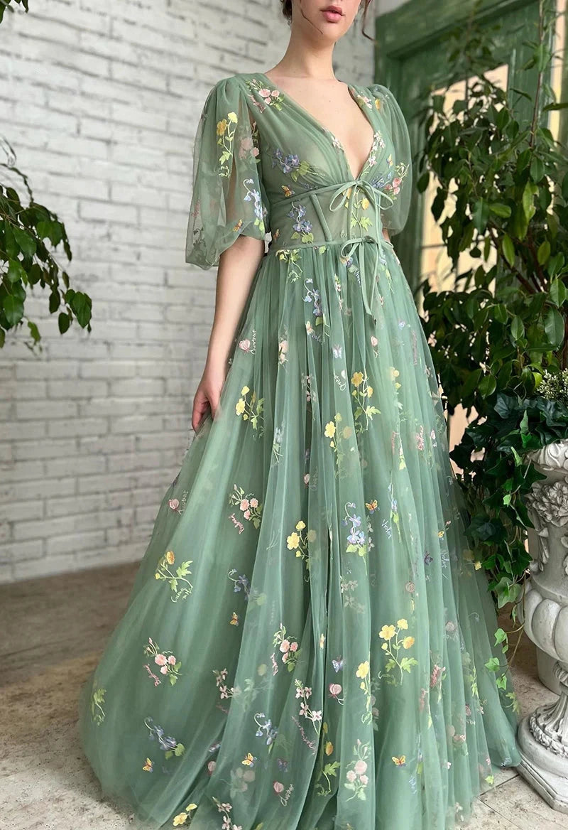 Women's Puffy Sleeve Prom Dresses V Neck Flower Embroidery Evening Dress Green Fairy Tea Length Formal Gowns