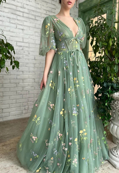 Women's Puffy Sleeve Prom Dresses V Neck Flower Embroidery Evening Dress Green Fairy Tea Length Formal Gowns