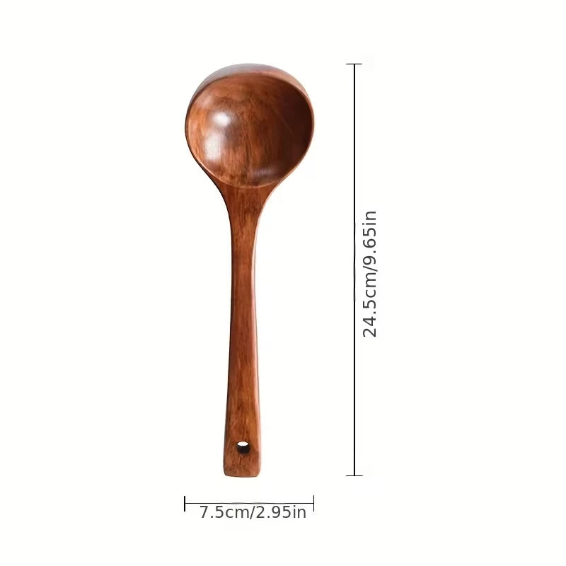 1pc Non-Stick Wooden Cooking Spoon, Daily Solid Anti-scalding Soup Ladle For Kitchen