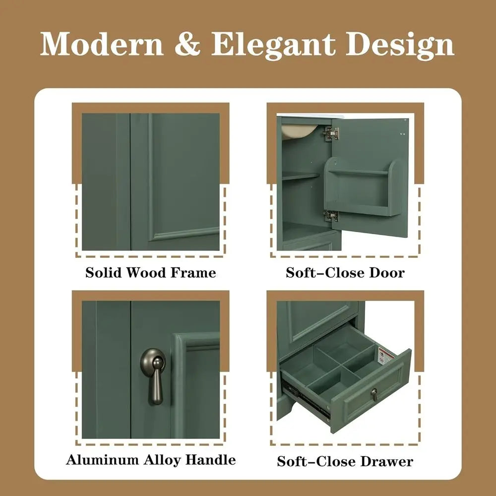 20 Inch Green Single Sink Vanity with Ceramic Sink and Storage Cabinet with Soft-Close Door and Adjustable U-Shaped Shelving