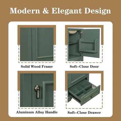 20 Inch Green Single Sink Vanity with Ceramic Sink and Storage Cabinet with Soft-Close Door and Adjustable U-Shaped Shelving