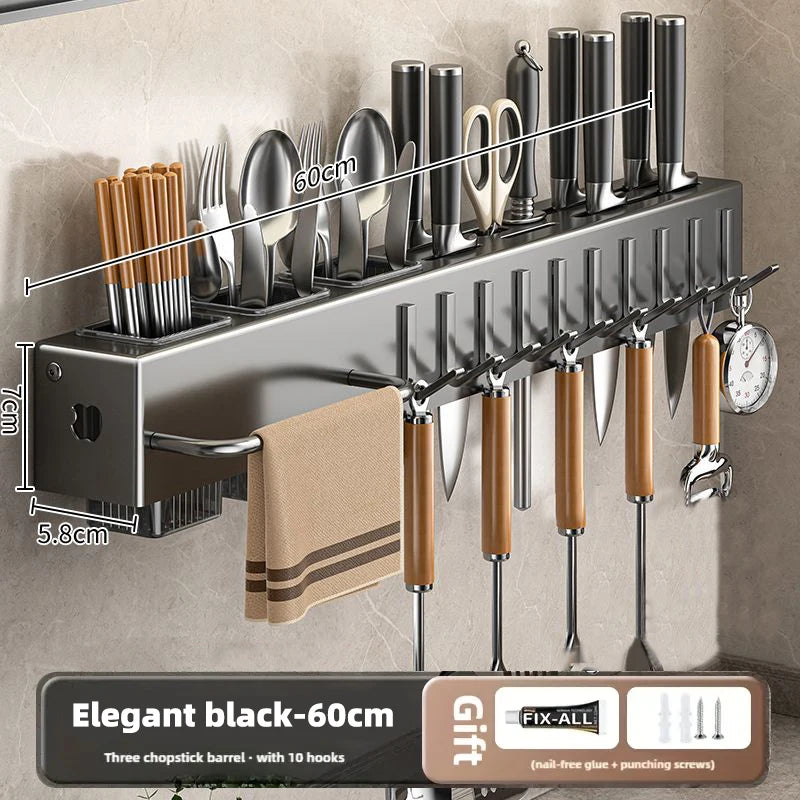 Wall Mounted Kitchen Knife Pot Cover Storage Rack Metal Kitchen Shelf Skeletonized Drainage Easy To Clean Chopstick Organizer