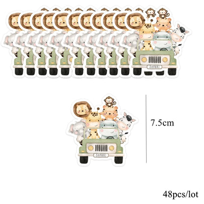 48pcs Wild Animal Lollipop Cards Carton Candy Holder For Kids Wild Forest Happy Birthday Party Candy Gift Accessories Supplies