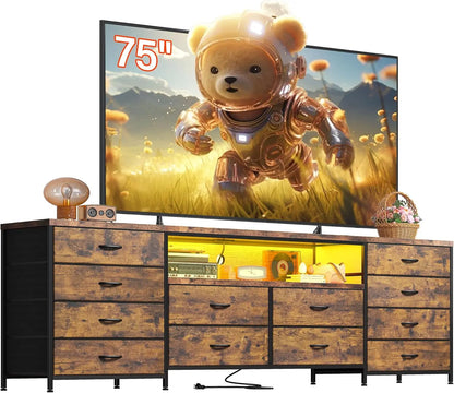 65 70 75 Inch TV 63"W Dresser TV Stand for Bedroom with LED Lights & Power Outlets & 12 Drawers Black Dresser, TV Stands