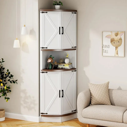 64.8" Farmhouse Corner Cabinet with Barn Doors, 5 Shelves for Kitchen Living Room Storage White