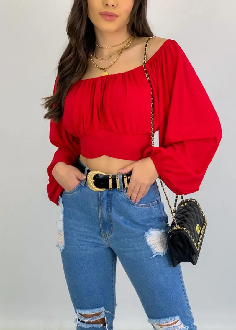 Women's Sexy Off-Shoulder Puff Sleeves Lace-up Tops Navel-Baring Shirts One-Colored Elegant Ladies Bright Color T-Shirt Tops
