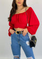 Women's Sexy Off-Shoulder Puff Sleeves Lace-up Tops Navel-Baring Shirts One-Colored Elegant Ladies Bright Color T-Shirt Tops