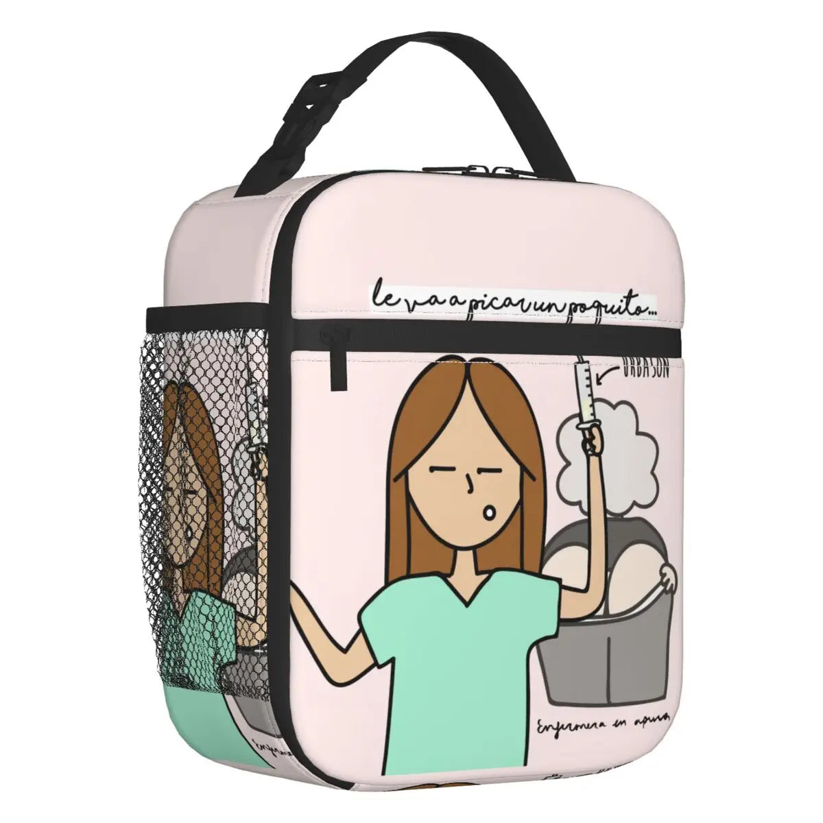 Custom cartoon-printed lunch bag featuring ladies, nurses, and doctors. Thermal insulated, reusable, and multifunctional, perfect for kids' food bento boxes.