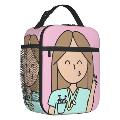 Custom cartoon-printed lunch bag featuring ladies, nurses, and doctors. Thermal insulated, reusable, and multifunctional, perfect for kids' food bento boxes.