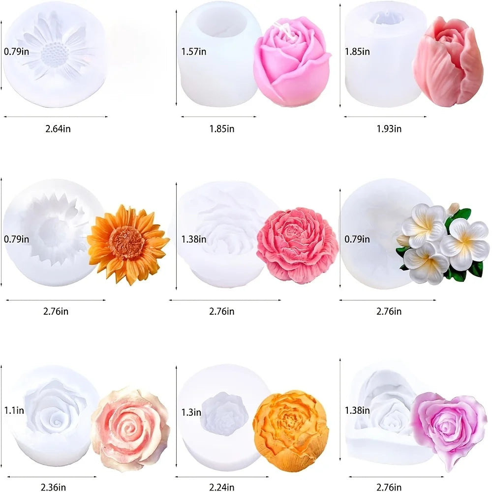 9 PCS Rose Flower Tulip Peony Heart Candle Soap Wax Mold Valentine Day Silicone for Small Butter Candles Chocolate Making Molds