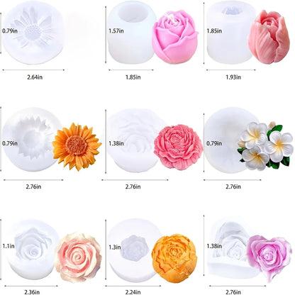 9 PCS Rose Flower Tulip Peony Heart Candle Soap Wax Mold Valentine Day Silicone for Small Butter Candles Chocolate Making Molds
