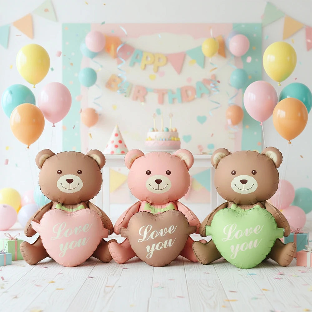 Matte Pink Brown Lying Bear Foil Balloons Love Heart Balloon for Valentines Day Decoration Bear Themed Birthday Wedding Supplies