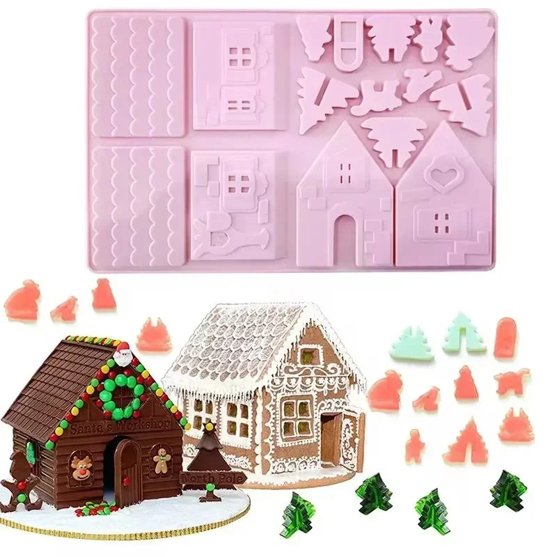 1PC Christmas House Building block Chocolate Silicone Mold Cake Decoration DIY Gingerbread House Shape Biscuits Stencil Baking