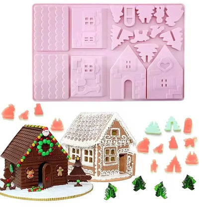 1PC Christmas House Building block Chocolate Silicone Mold Cake Decoration DIY Gingerbread House Shape Biscuits Stencil Baking