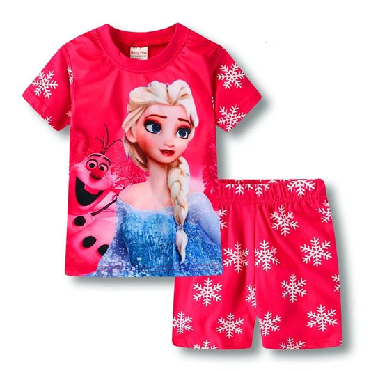 Frozen Snow Queen Children's Pajamas: Short Sleeve Cartoon Suit, Cotton Nightwear for Girls