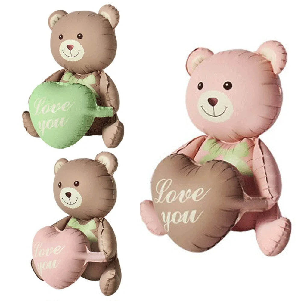 Matte Pink Brown Lying Bear Foil Balloons Love Heart Balloon for Valentines Day Decoration Bear Themed Birthday Wedding Supplies