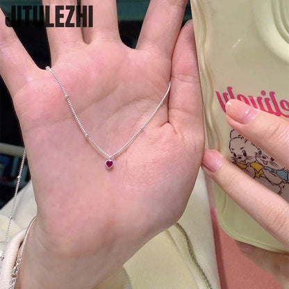 925 Sterling Silver Necklace Pendant For Women Jewelry Love Necklace Small Mini Red Heart Pendant Simple Heart Shaped Collar