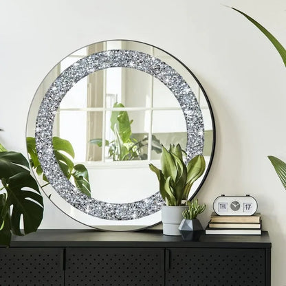 Crystal Crush Diamond Sparkly Round Silver Mirror for Wall Decoration 20x20x1 inch Wall Hang Frameless Bling Stylish Gorgeous Gl