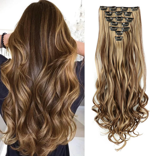 Clip In Hair Extensions 7 PCS Full Head 22-Inch-Long Curly Wavy Synthetic Hair Pieces