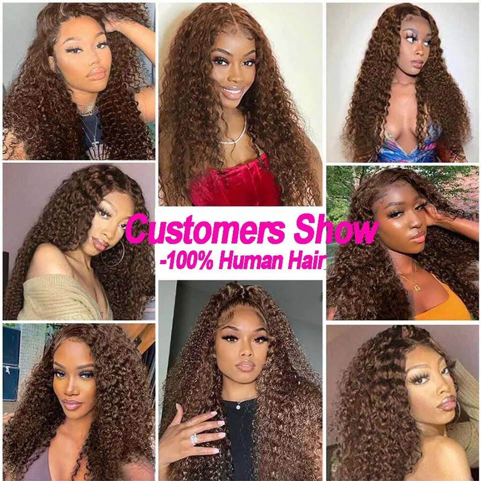 HD 13x4 Kinky Curly Chocolate Brown Lace Front Human Hair Wigs Pre Plucked Colored 13x6 Deep Wave Transparent Lace Frontal Wig