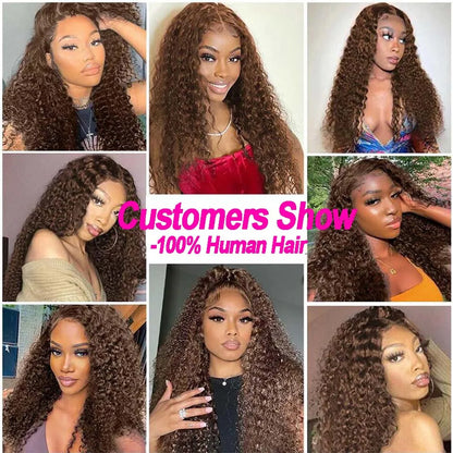 HD 13x4 Kinky Curly Chocolate Brown Lace Front Human Hair Wigs Pre Plucked Colored 13x6 Deep Wave Transparent Lace Frontal Wig