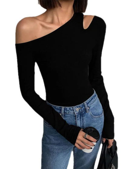 Womens Skew Collar Off-shoulder Long-sleeved Slim Fit Top