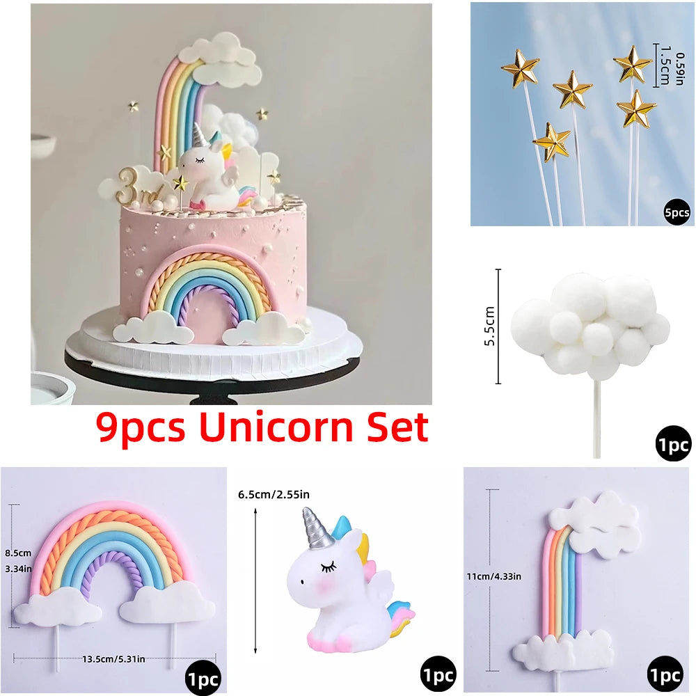 9‑Piece Unicorn Rainbow Cake Topper Set – Unicorn, Clouds, Stars & Happy Birthday Decorations for Girls’ First Birthday Party