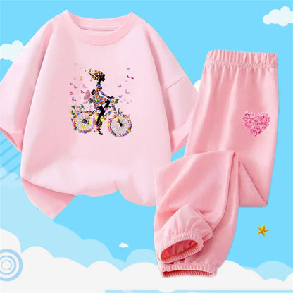 Teens Girls' 2-Piece Fashion Outfit: Princess Short Sleeve T-Shirt and Long Pants Tracksuit Set