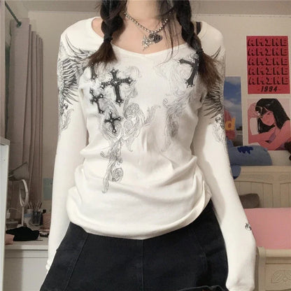 Graphic Long‑Sleeve Tee – Women’s Grunge Fairy Punk Harajuku 2000s Streetwear Top