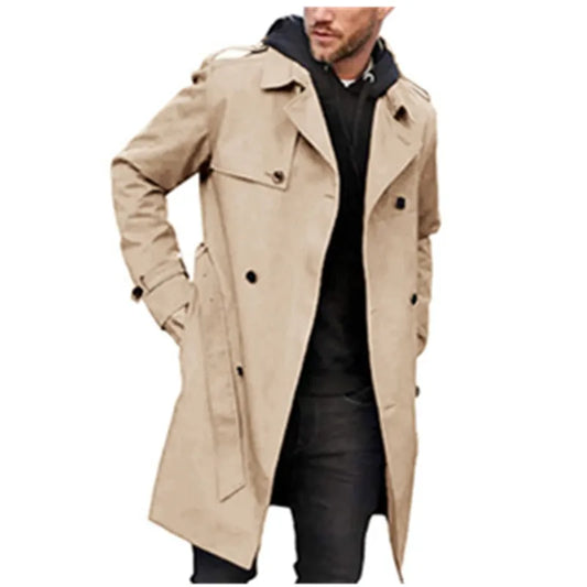 Mens Jackets Spring and Autumn Solid Color Long-sleeved Windbreaker Lapel Slim Double-breasted Casual Coat