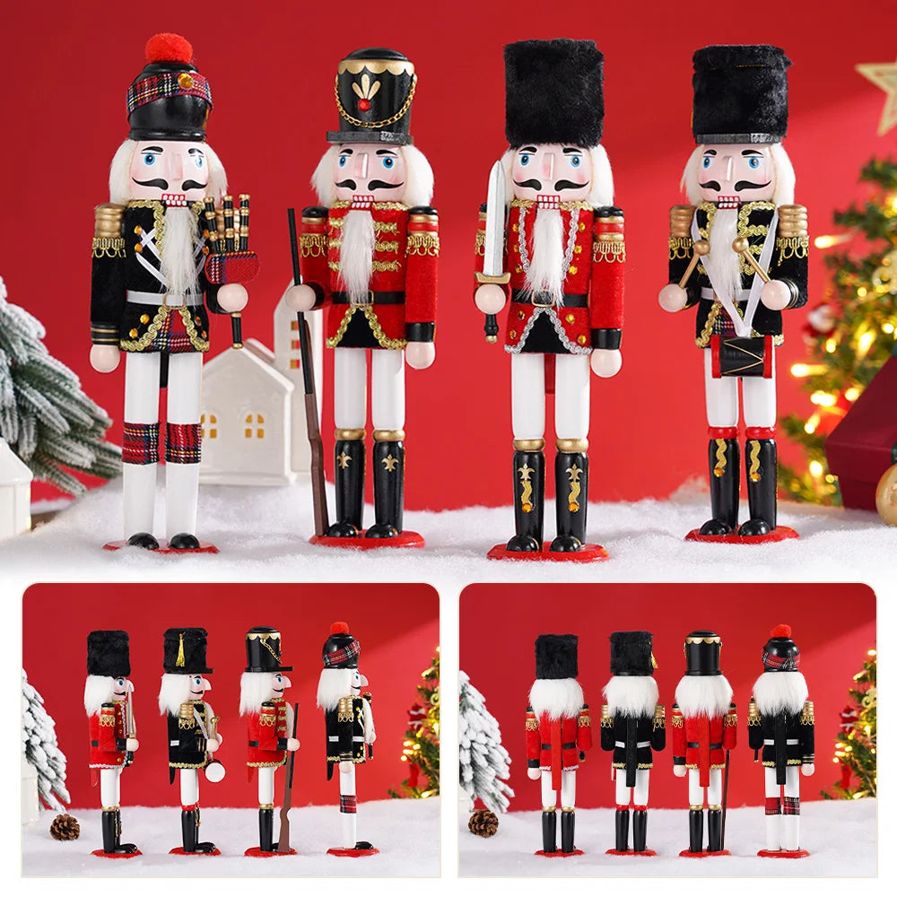 Set of nutcrackers in festive costumes against a red background with Christmas decorations.