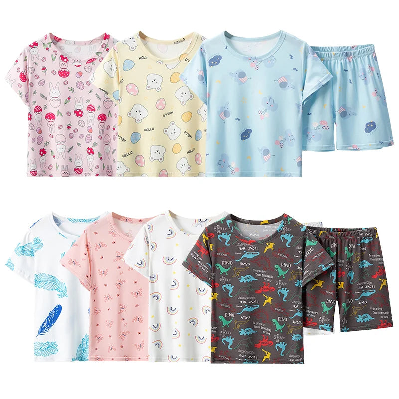 2 Pcs Children's Fun Printing Multicolor  Short Sleeve Shirt & Shorts Set