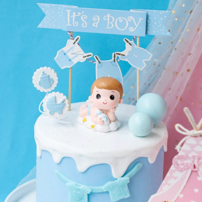 Gender Reveal Cake Decoration Blue Pink Baby Boy Girl Cake Toppers Baby Bottle Stroller Happy Birthday Cupcake Topper Baking