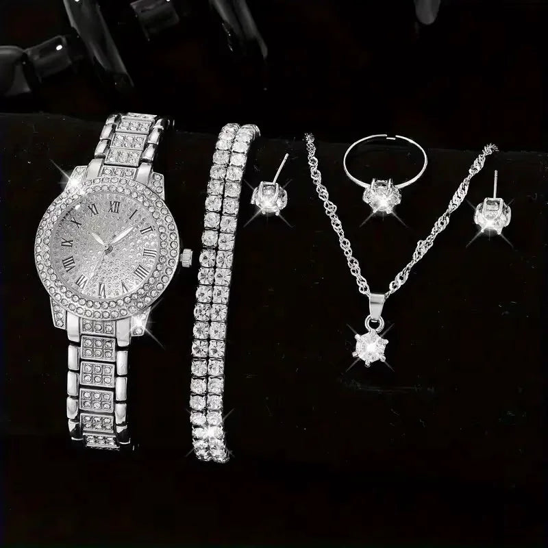 6PCS Women's Luxury Elegant Alloy Crystal Wristwatch, Rhinestone Bracelet, Neckless, Ring