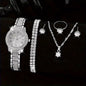 6PCS Women's Luxury Elegant Alloy Crystal Wristwatch, Rhinestone Bracelet, Neckless, Ring